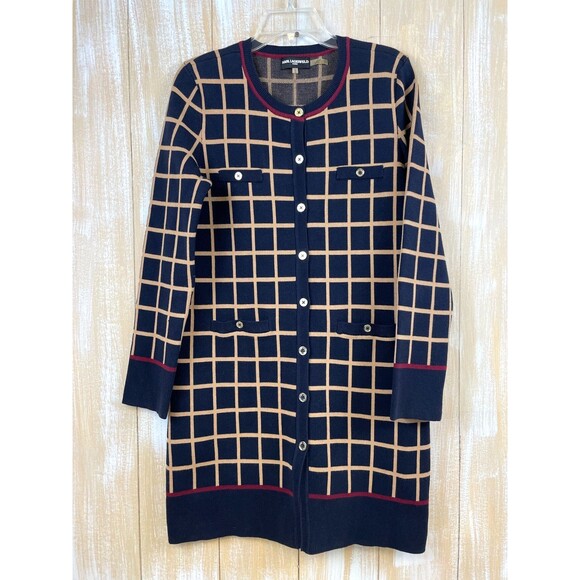 Karl Lagerfeld Long Cardigan Sweater Dress Women’s M Navy Red & Beige Buttons - Picture 1 of 12